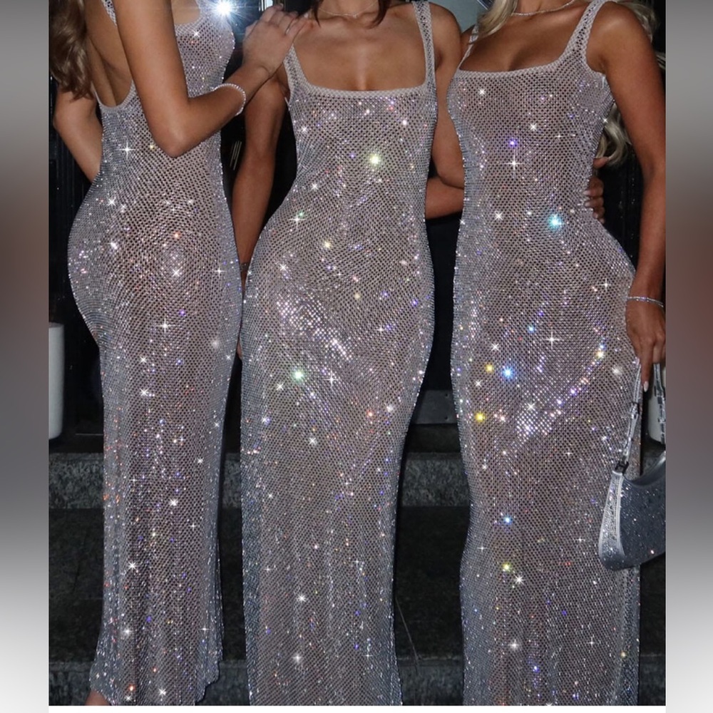Backless Sparkle Mesh Maxi Dress - Silver